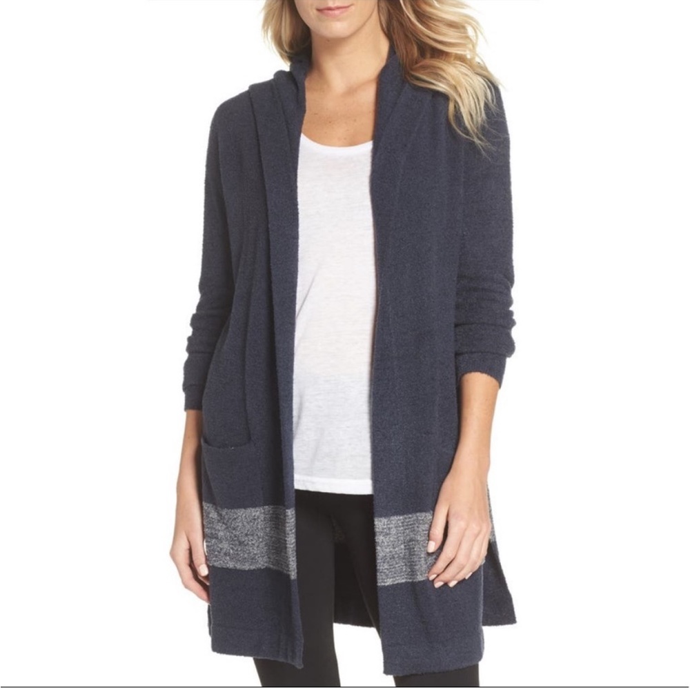 • Barefoot Dreams • Cozy Chic Coastal Hoodie Open Cardigan Navy Blue Gray Plus